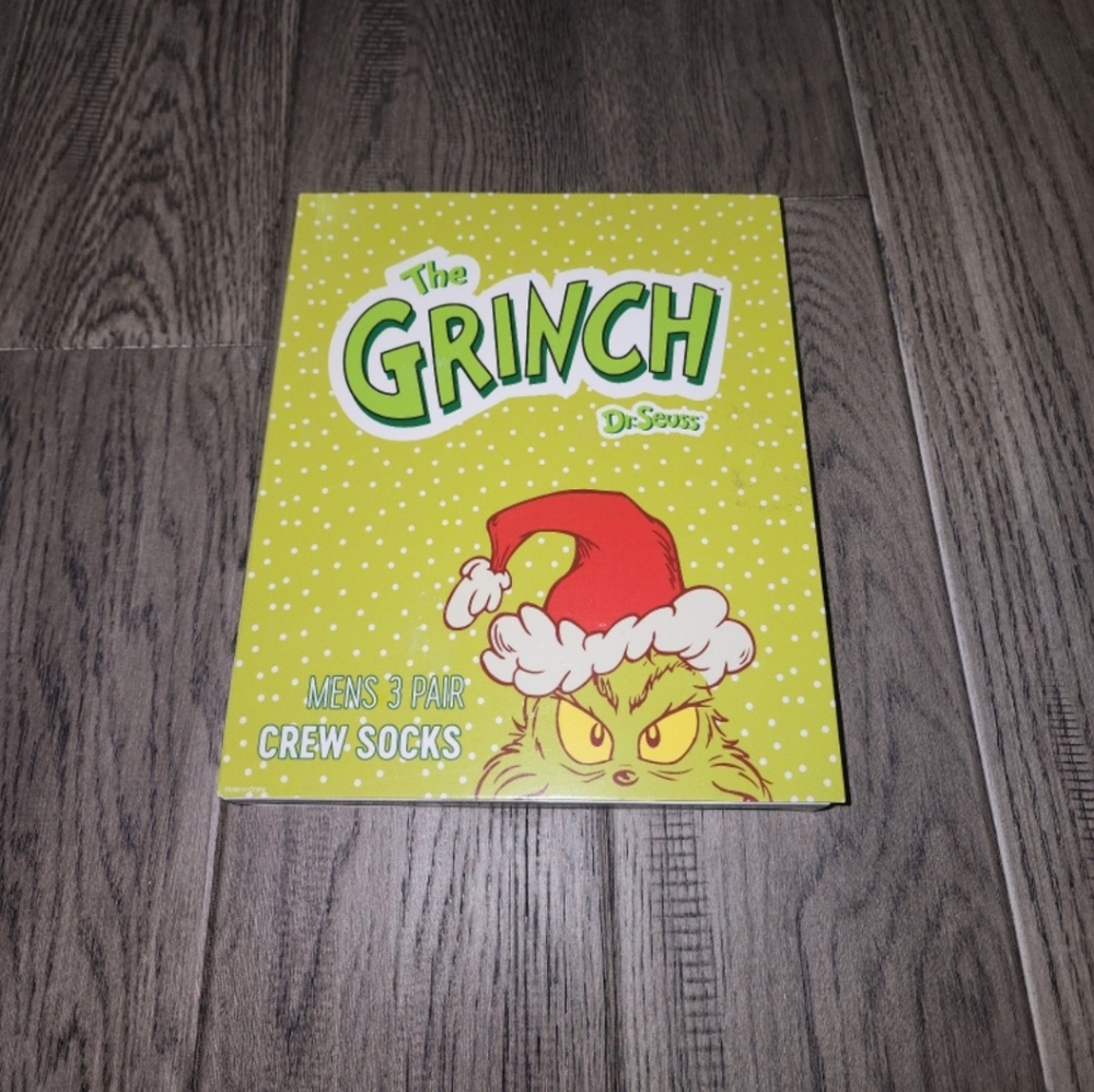 The grinch doctor seuss three pair mens crew socks.